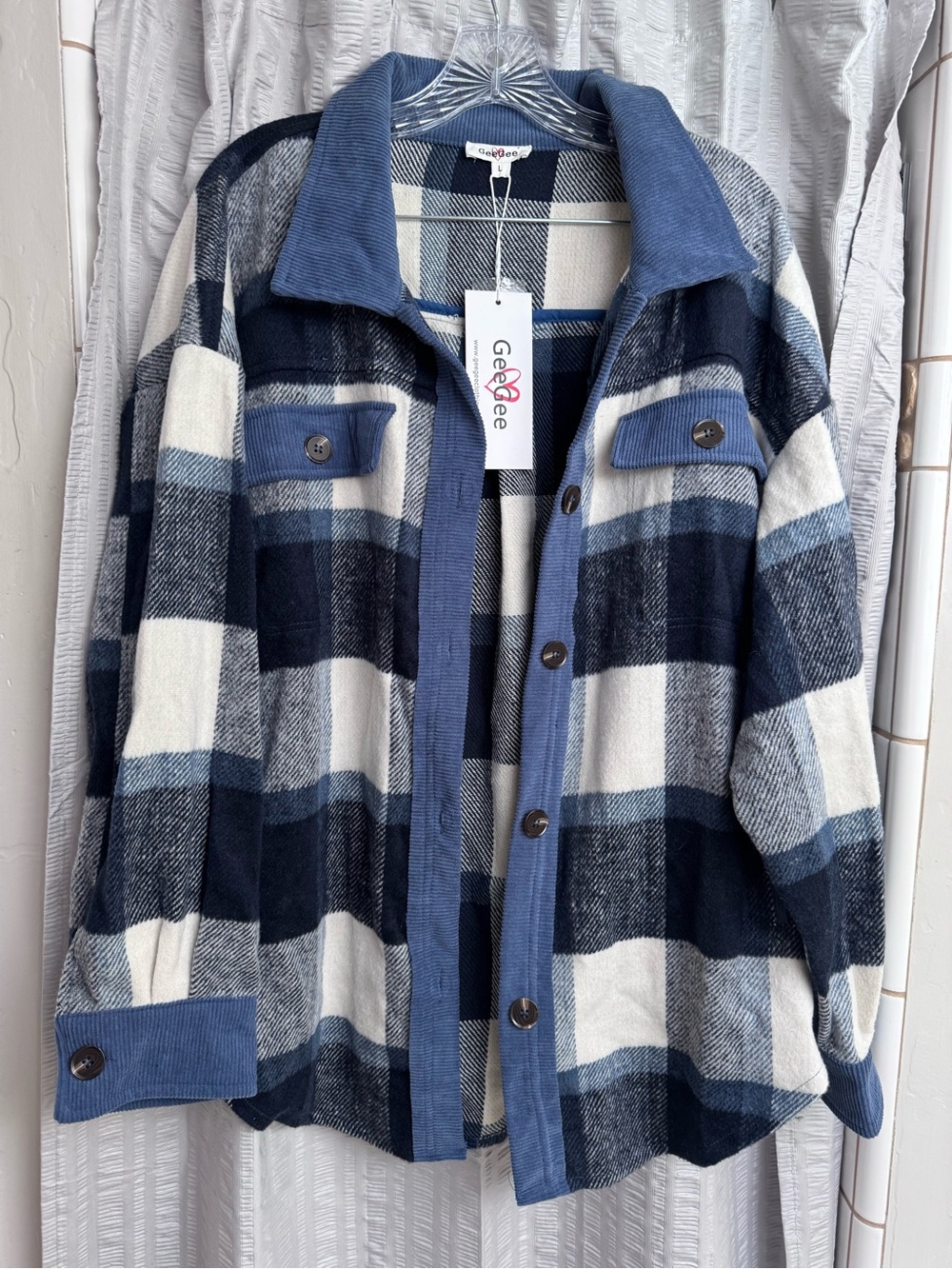 GeeGee Blue Plaid Shacket Jacket for Women Corduroy trim large